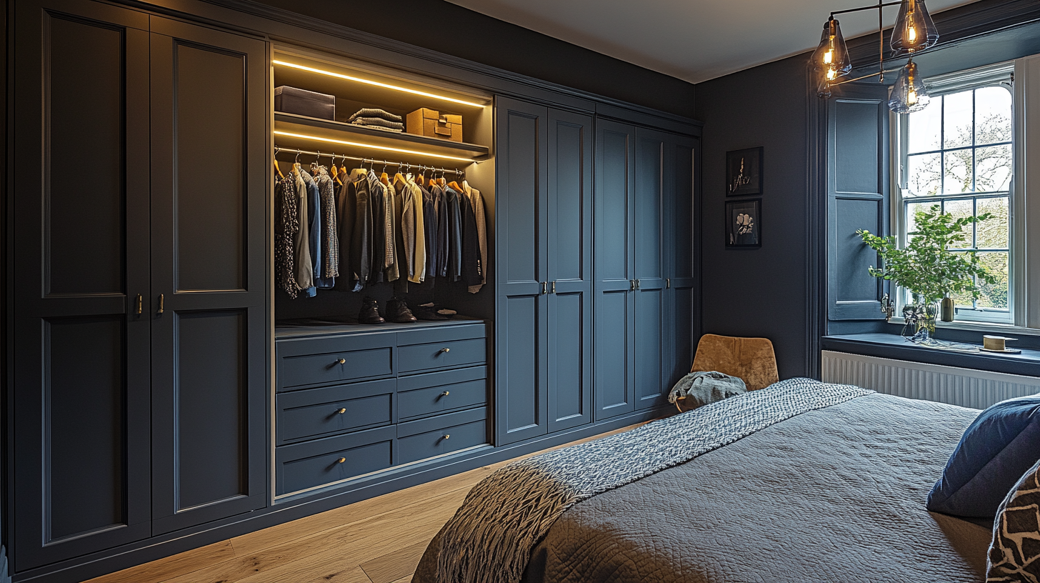 Open-fronted bespoke dressing room wardrobe in Bethnal Green, London