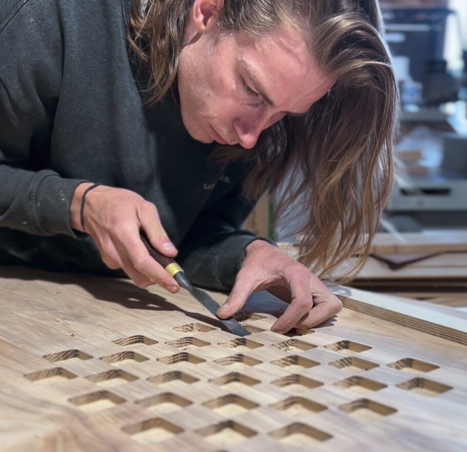 Toby Morton, cabinetmaker, at work in the Morton Fine Furniture workshop
